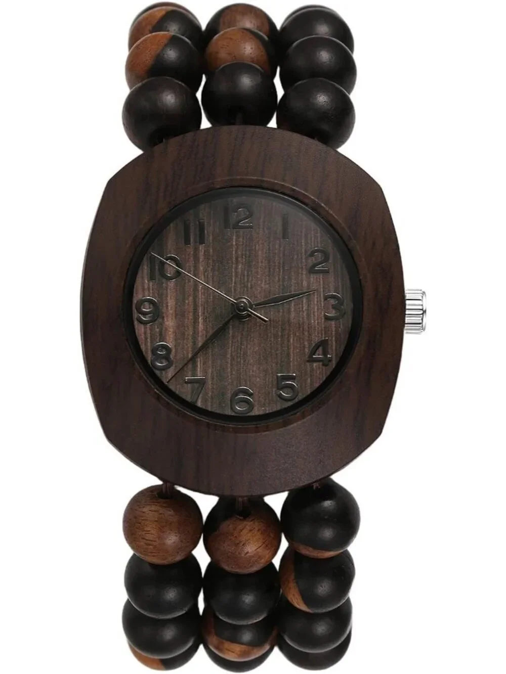 Women's Dark Brown Analog Buddhist Beaded Bracelet Elastic Wrist Wooden Watch